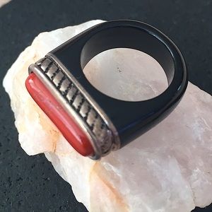 Southwest Black Onyx Silver Red Coral Ring